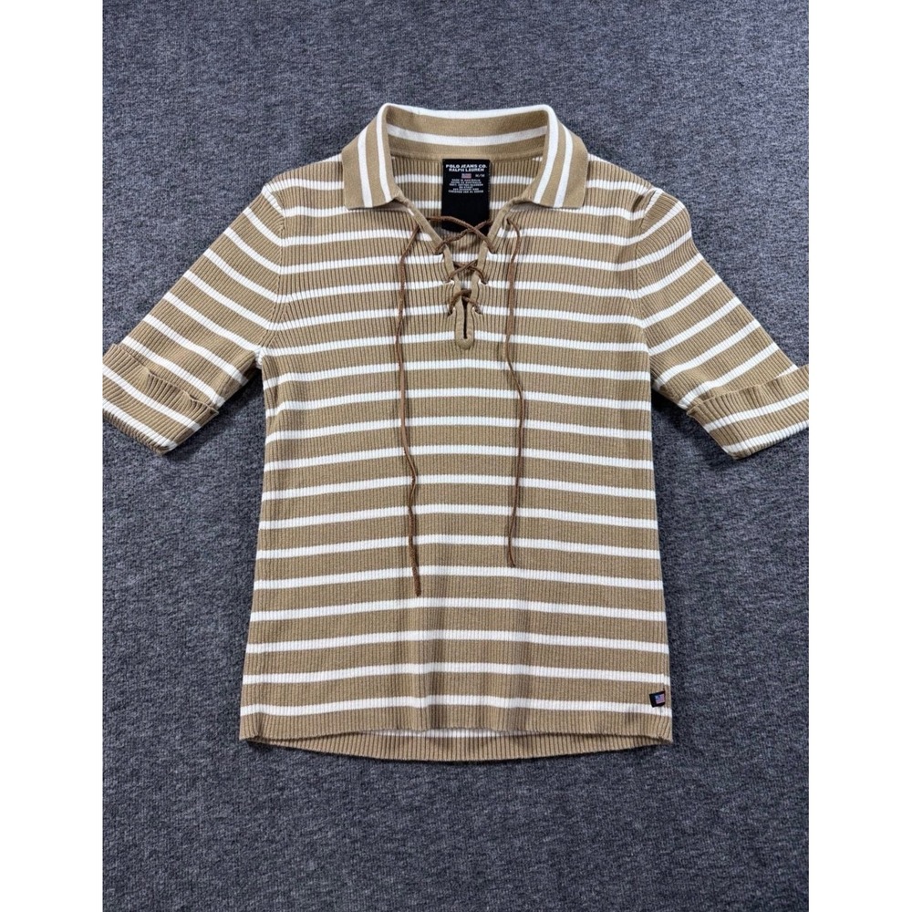 Polo Jeans Co Ralph Lauren Tan White Striped Lace Up Ribbed Knit Top Women M - Picture 2 of 6